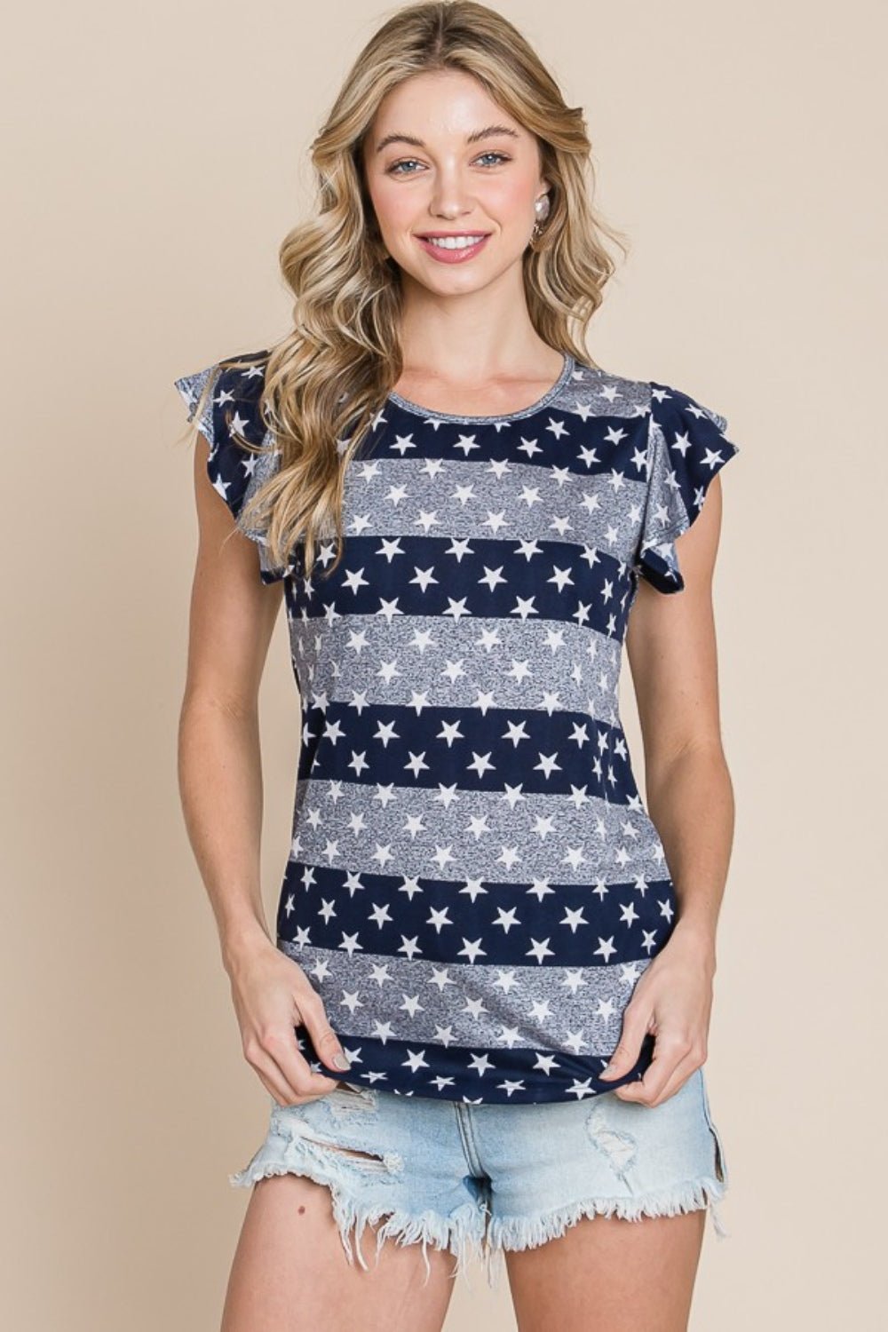 Stars & Stripes Crew Neck Ruffle Sleeve T-Shirt in Dark NavyT-ShirtBOMBOM