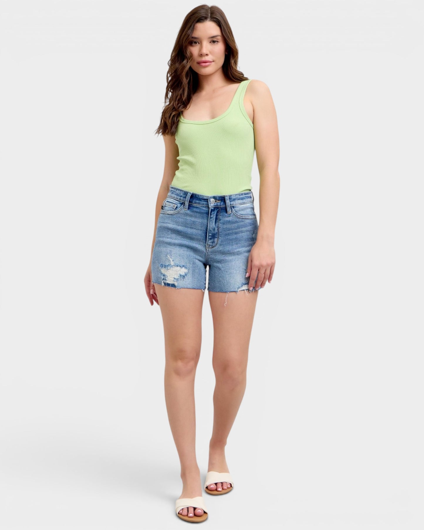 Medium Wash Distressed Denim Shorts