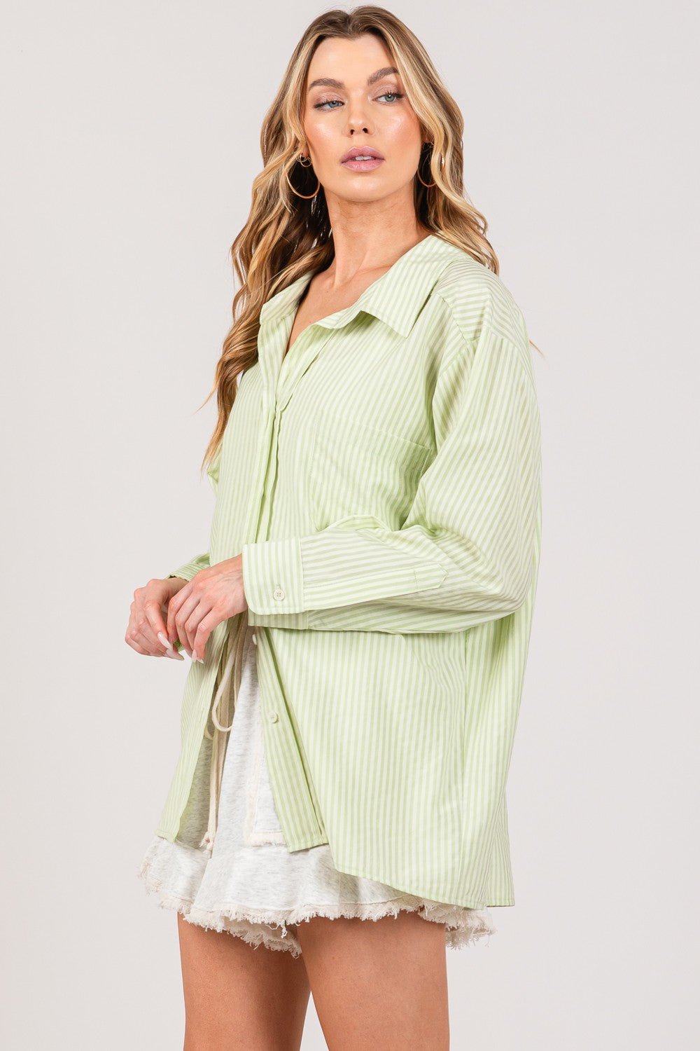 Striped Button Up Long Sleeve Shirt in SageShirtSAGE+FIG