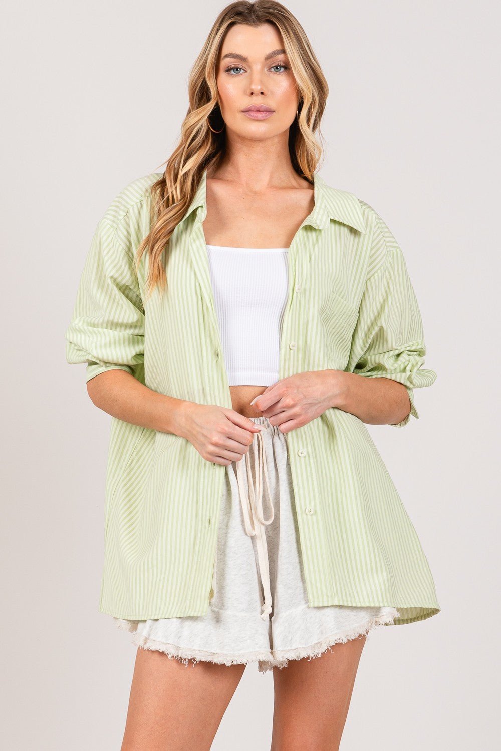 Striped Button Up Long Sleeve Shirt in SageShirtSAGE+FIG