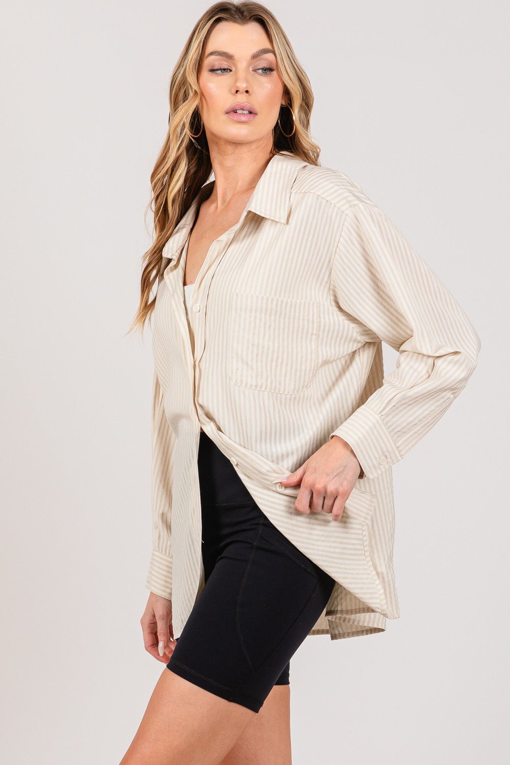 Striped Button Up Long Sleeve Shirt in TaupeShirtSAGE+FIG