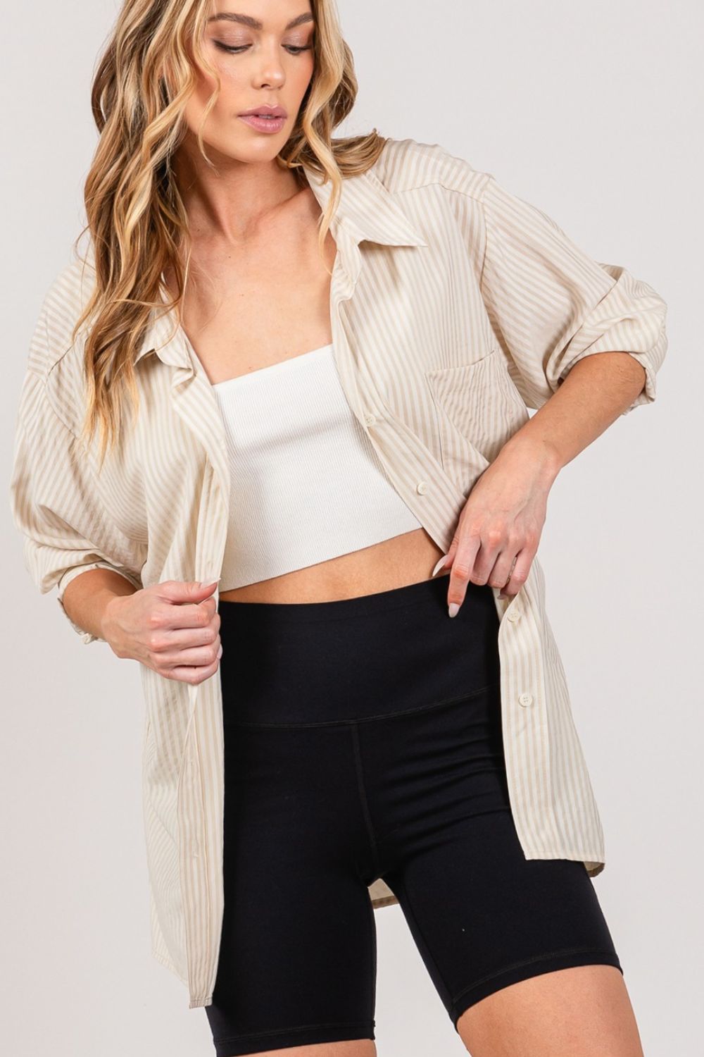 Striped Button Up Long Sleeve Shirt in TaupeShirtSAGE+FIG