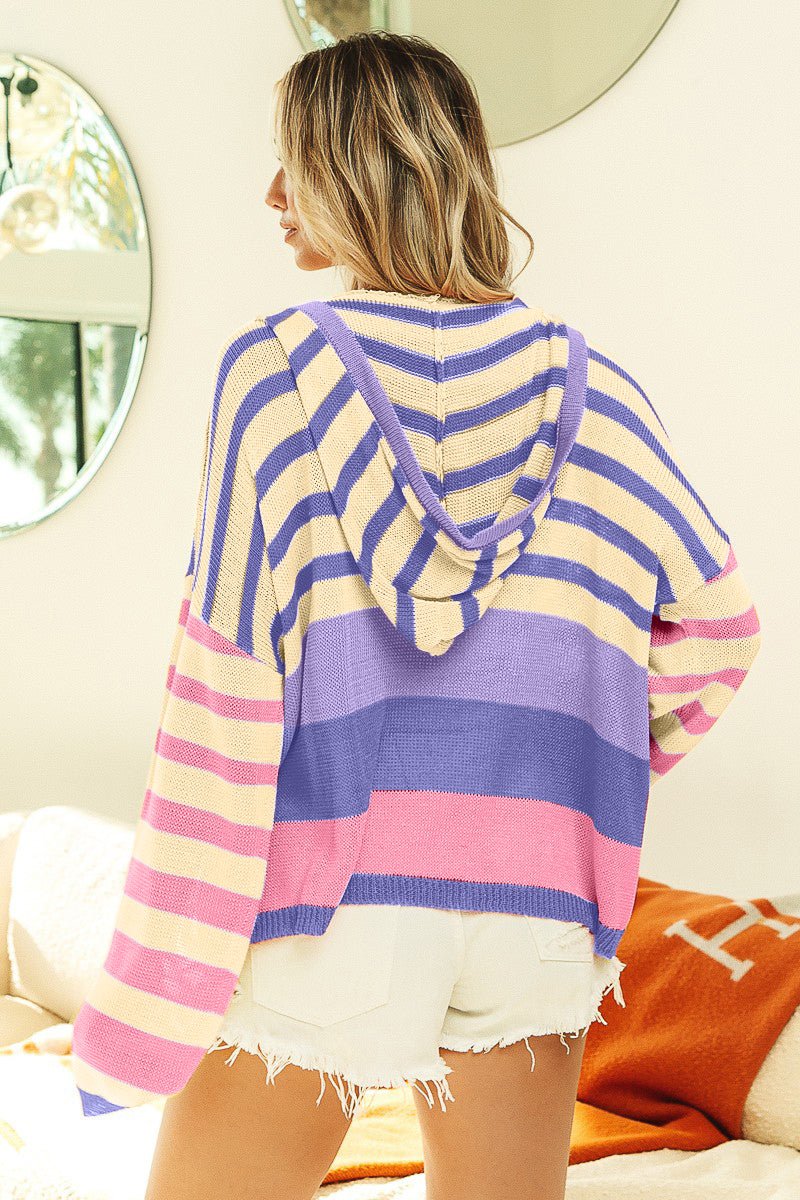Striped Color Block Hooded Knit TopTopBiBi