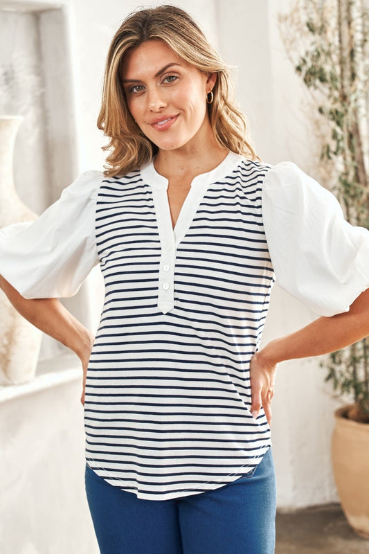 Striped Contrast Puff Sleeve Top in Off-WhiteTopHailey & Co