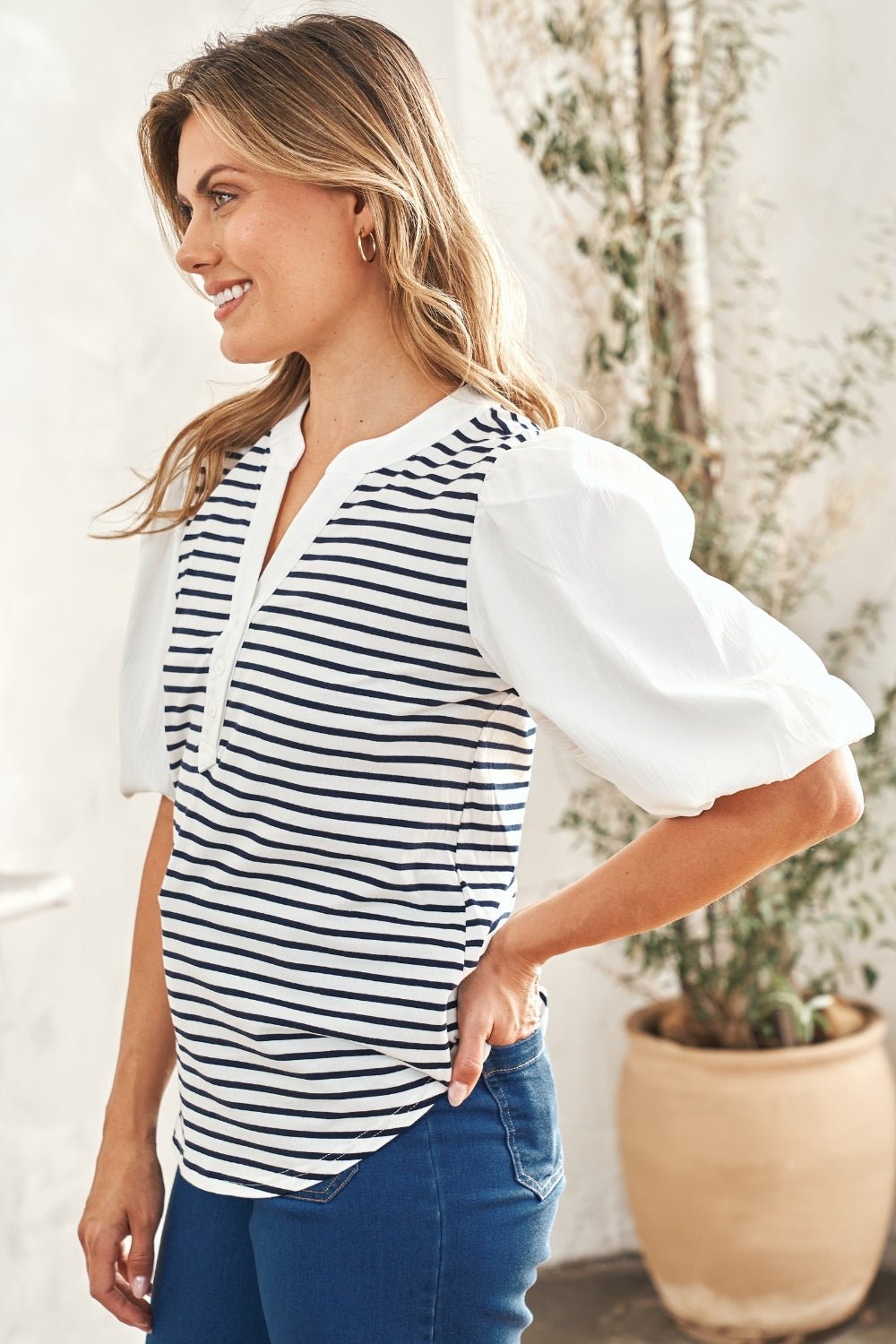 Striped Contrast Puff Sleeve Top in Off-WhiteTopHailey & Co