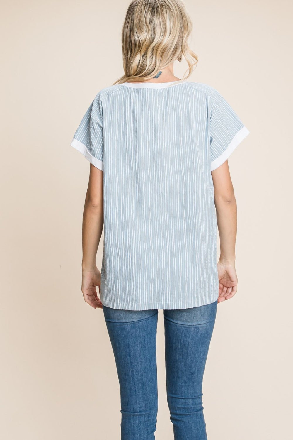 Striped Contrast Short Sleeve T-Shirt in Denim BlueT-ShirtCotton Bleu