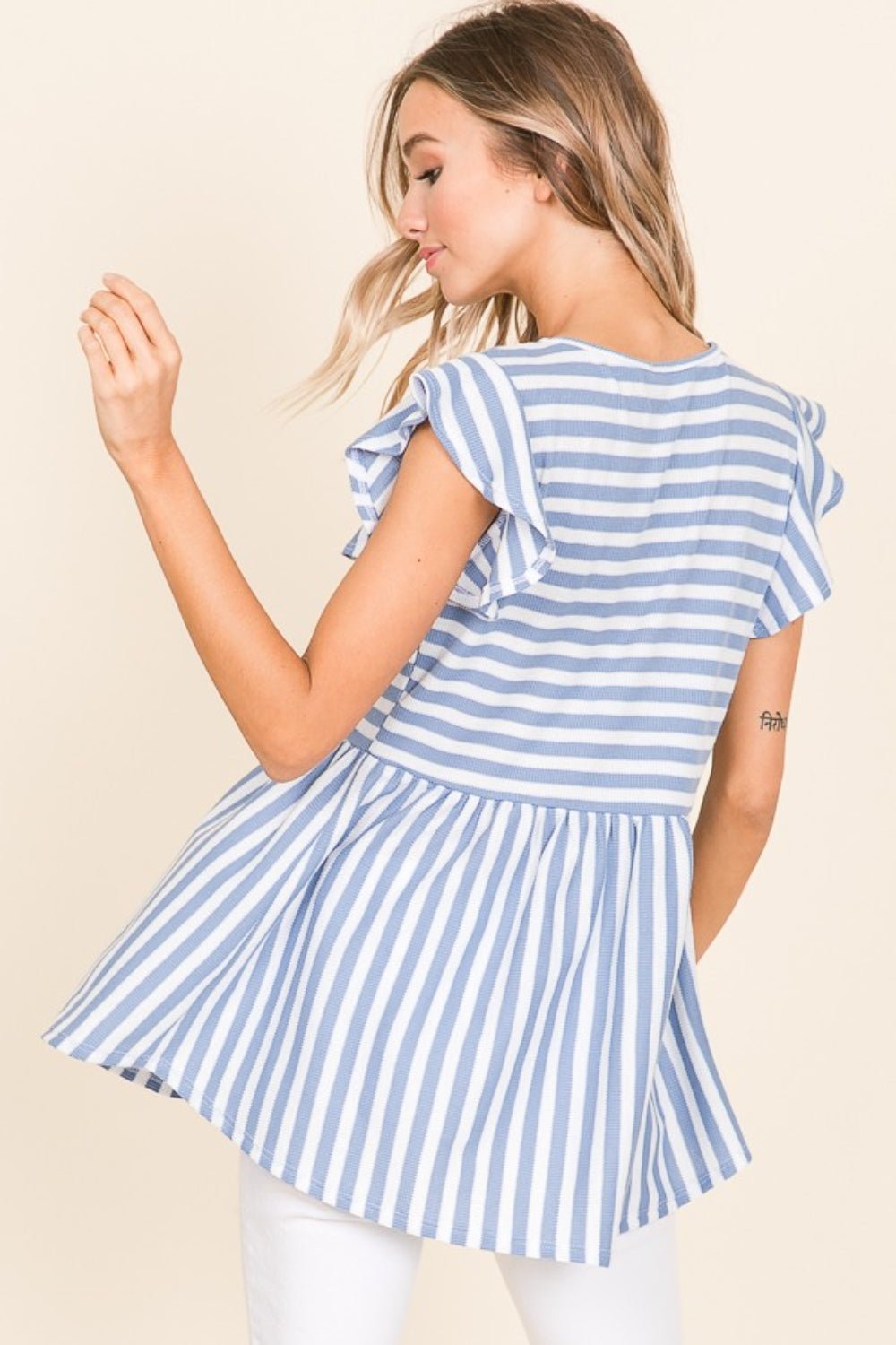 Striped Crew Neck Blouse in BlueBlouseBOMBOM