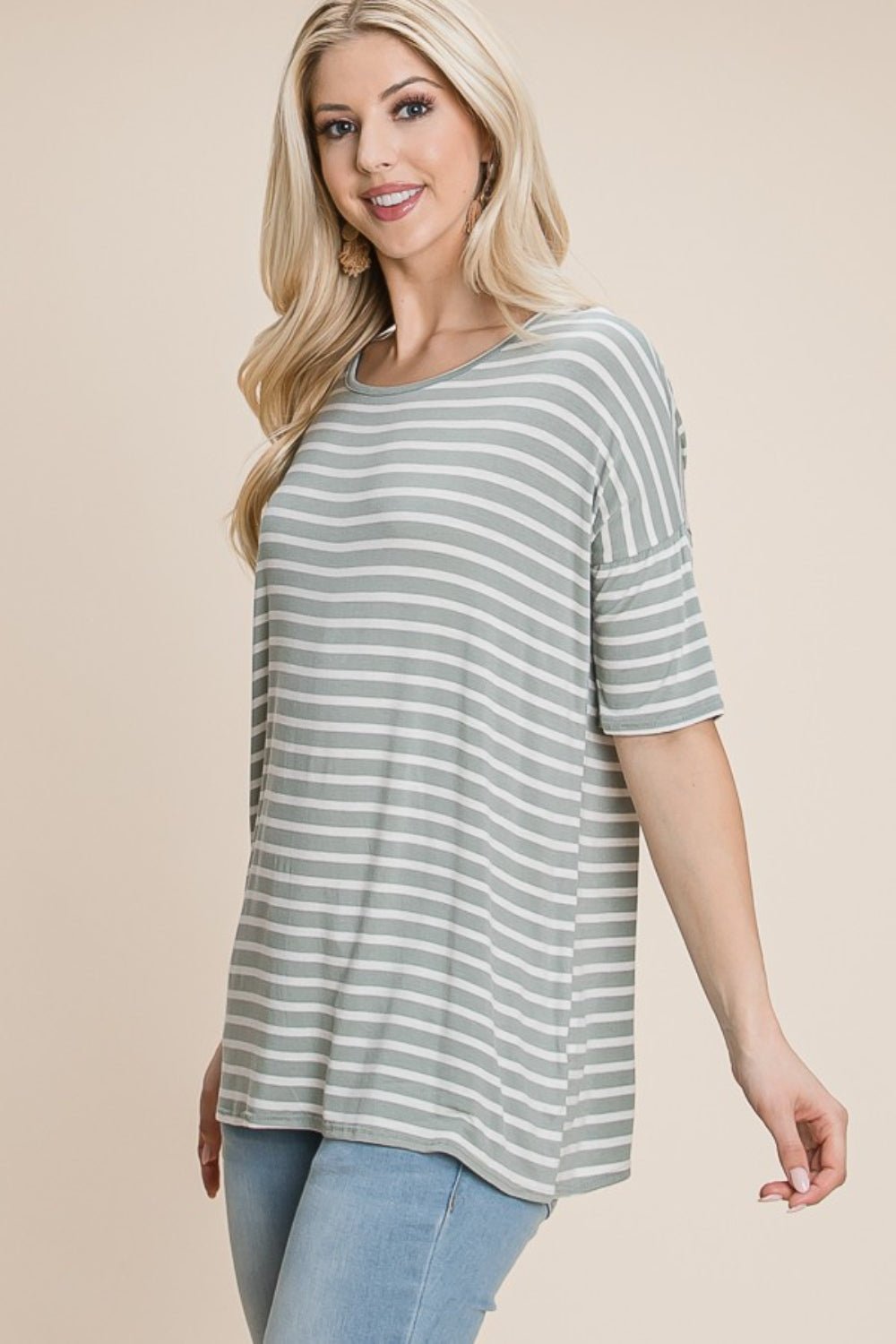 Striped Crew Neck T-Shirt in SageT-ShirtBOMBOM