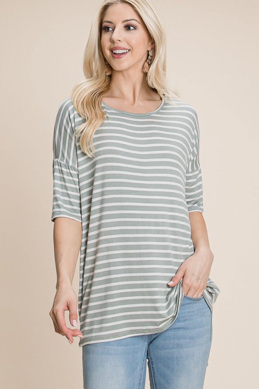 Striped Crew Neck T-Shirt in SageT-ShirtBOMBOM