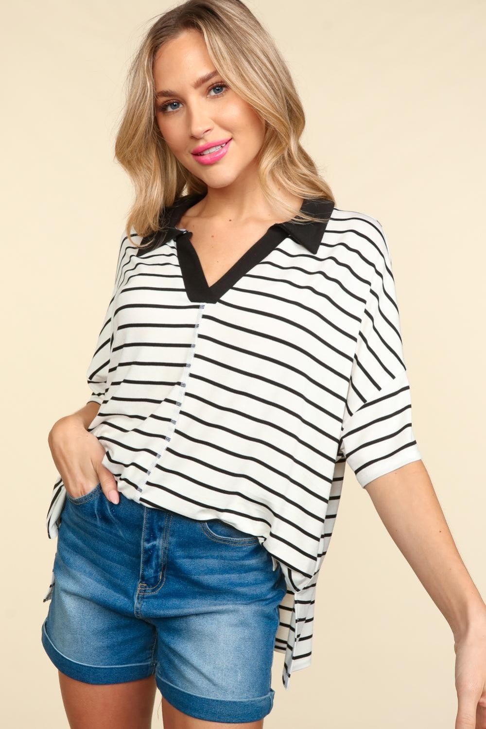 Striped Dropped Shoulder Half Sleeve T-Shirt in Off-White/BlackT-ShirtHaptics