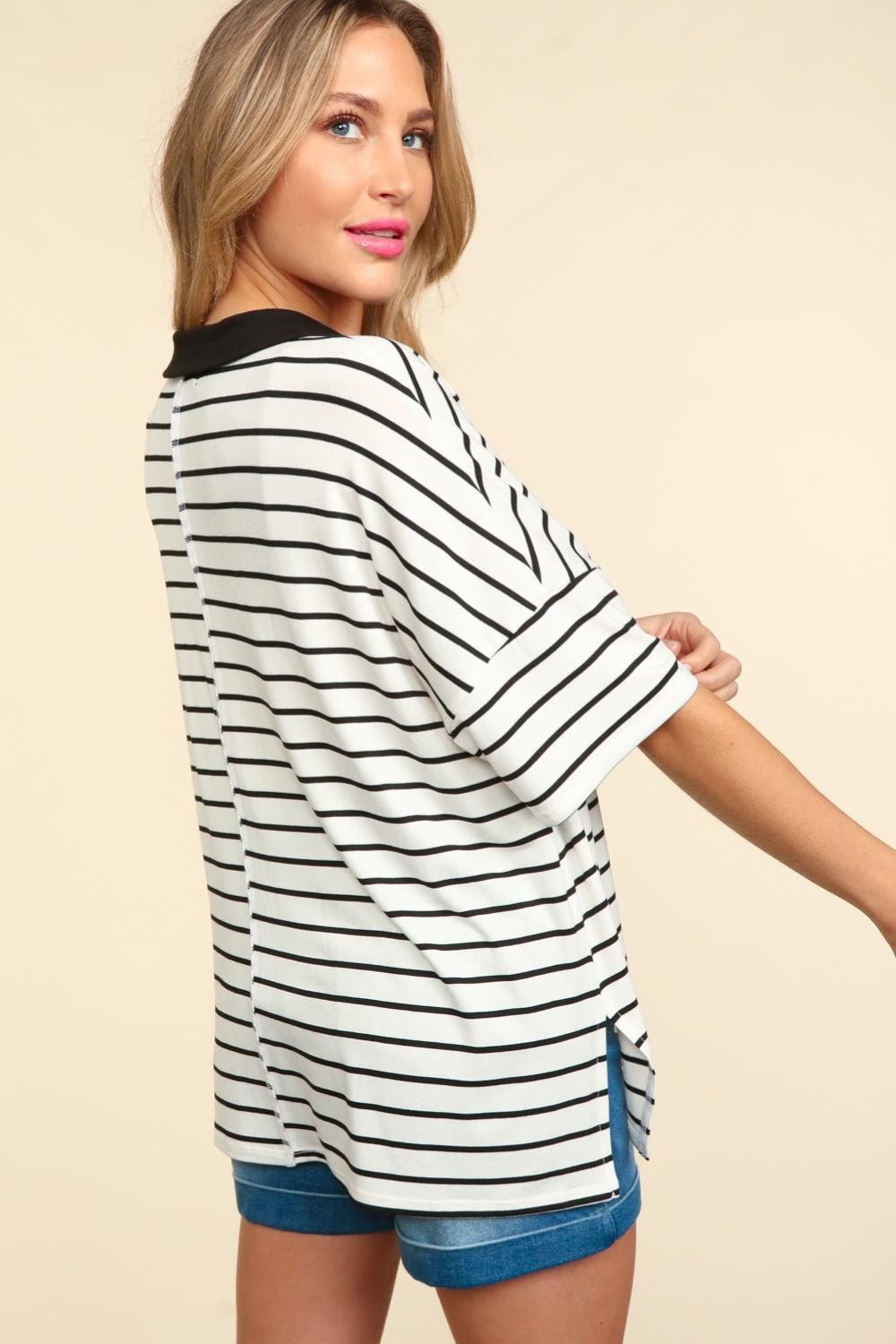 Striped Dropped Shoulder Half Sleeve T-Shirt in Off-White/BlackT-ShirtHaptics
