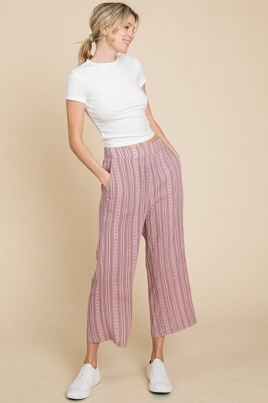 Striped Elastic Waist Wide Leg Crop Pants in PinkPantsCotton Bleu