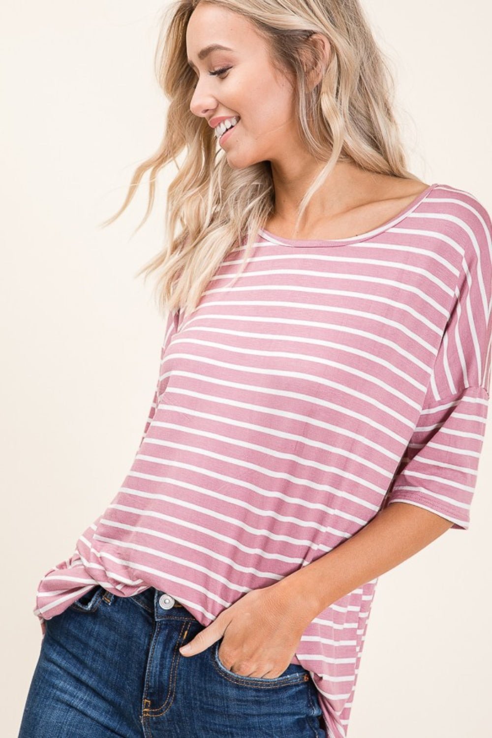 Striped Half Sleeve T-Shirt in MauveT-ShirtBOMBOM