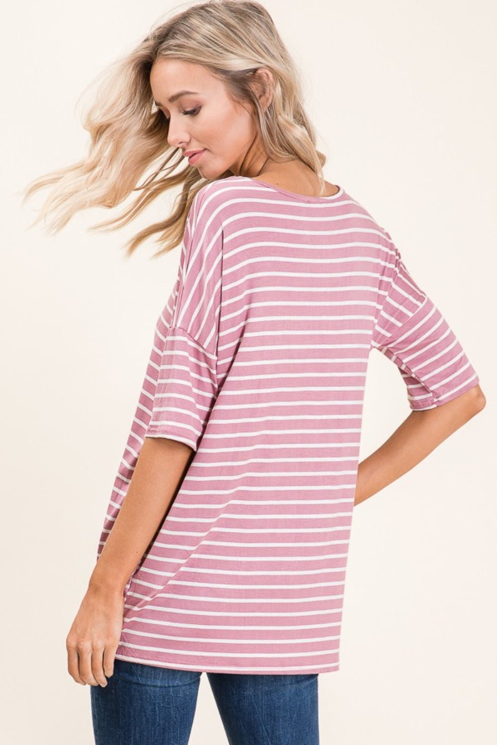Striped Half Sleeve T-Shirt in MauveT-ShirtBOMBOM