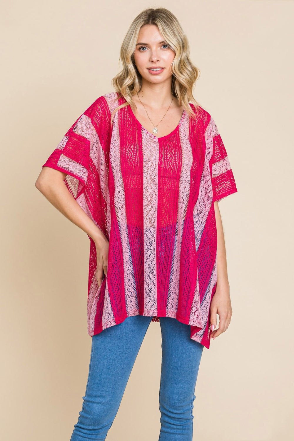 Striped Lace Cover-Up Top in FuchsiaTopCotton Bleu