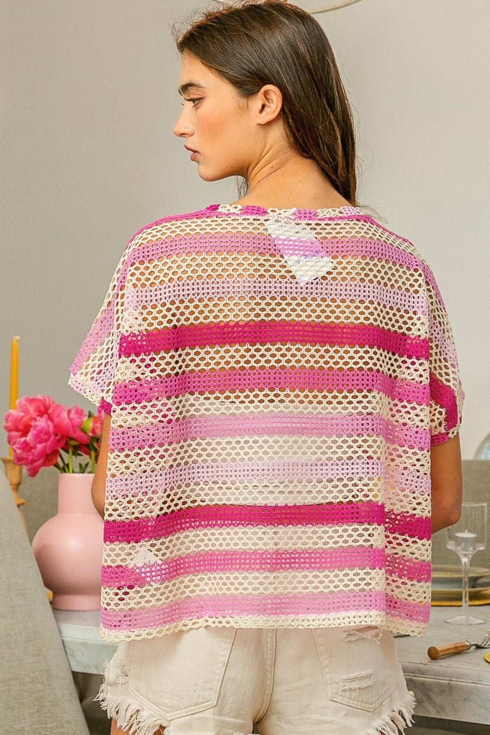 Striped Openwork Short Sleeve Knit Top in Fuchsia ComboTopBiBi