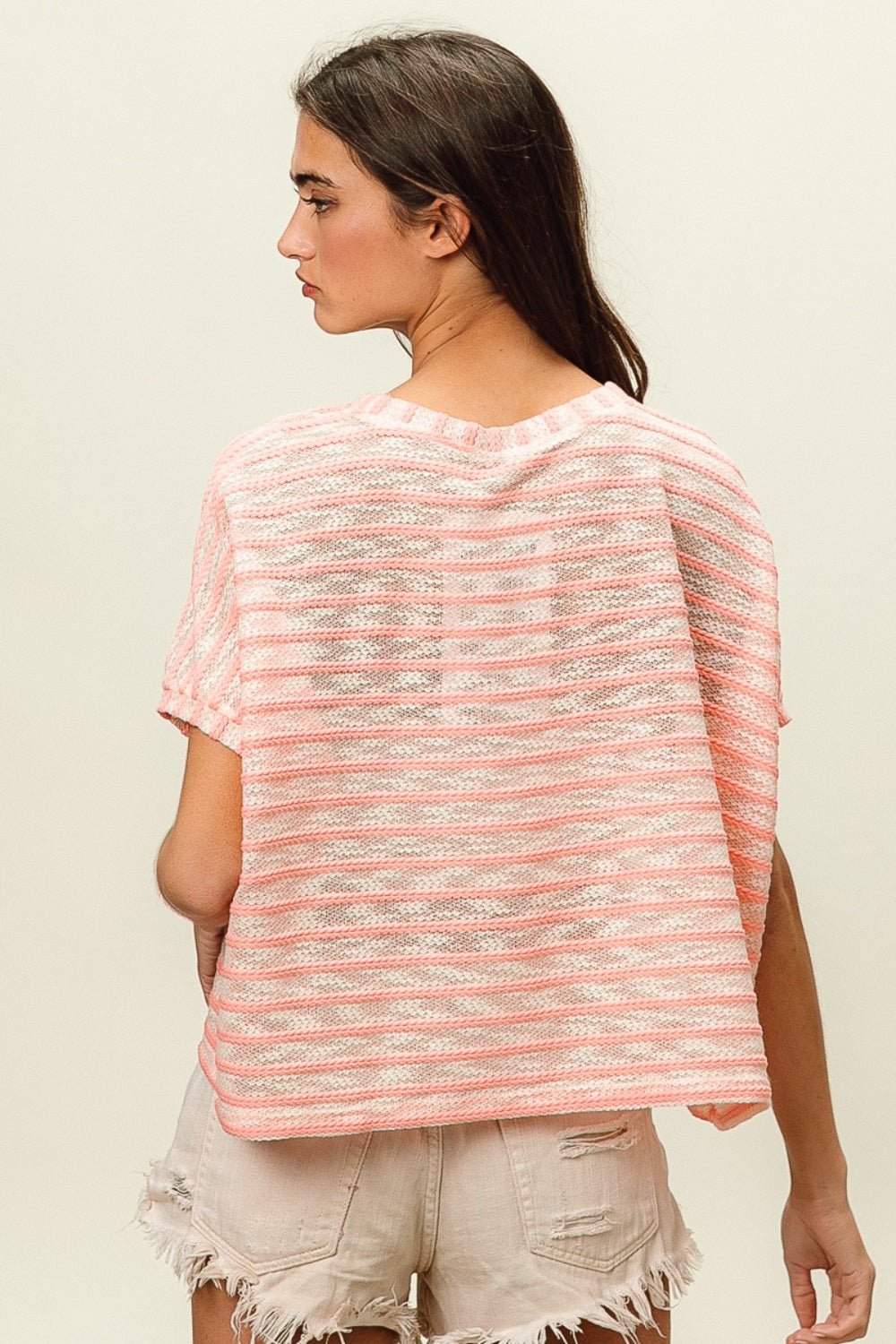 Striped Short Sleeve Crew Neck T-Shirt in PinkT-ShirtBiBi
