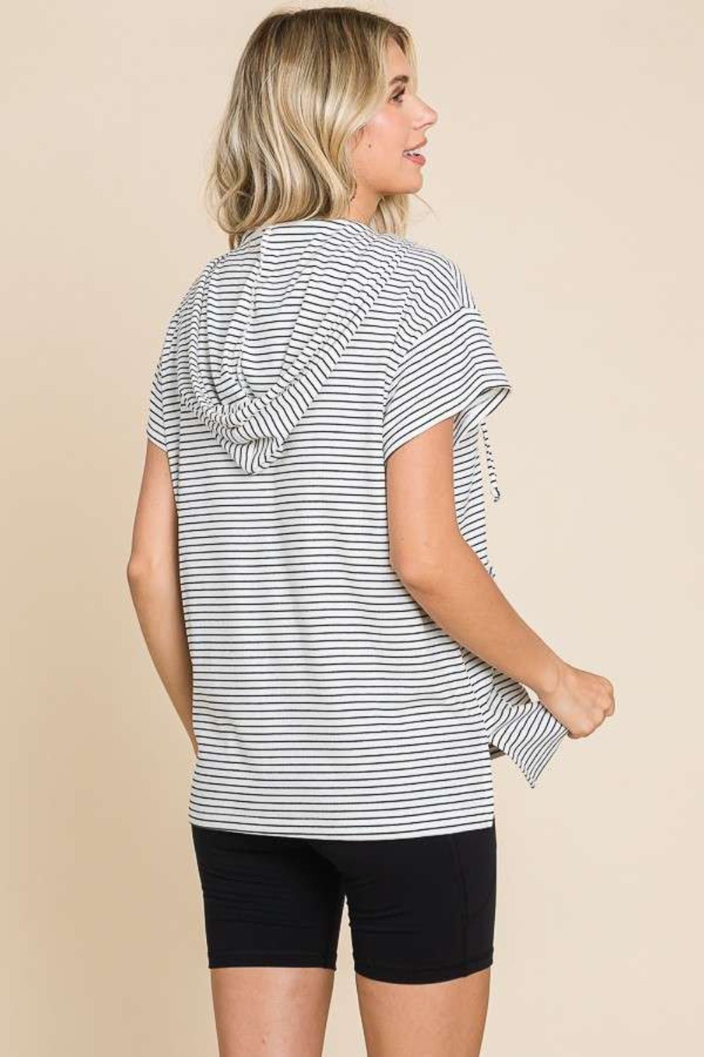 Striped Short Sleeve Hooded Top in BlackTopCulture Code