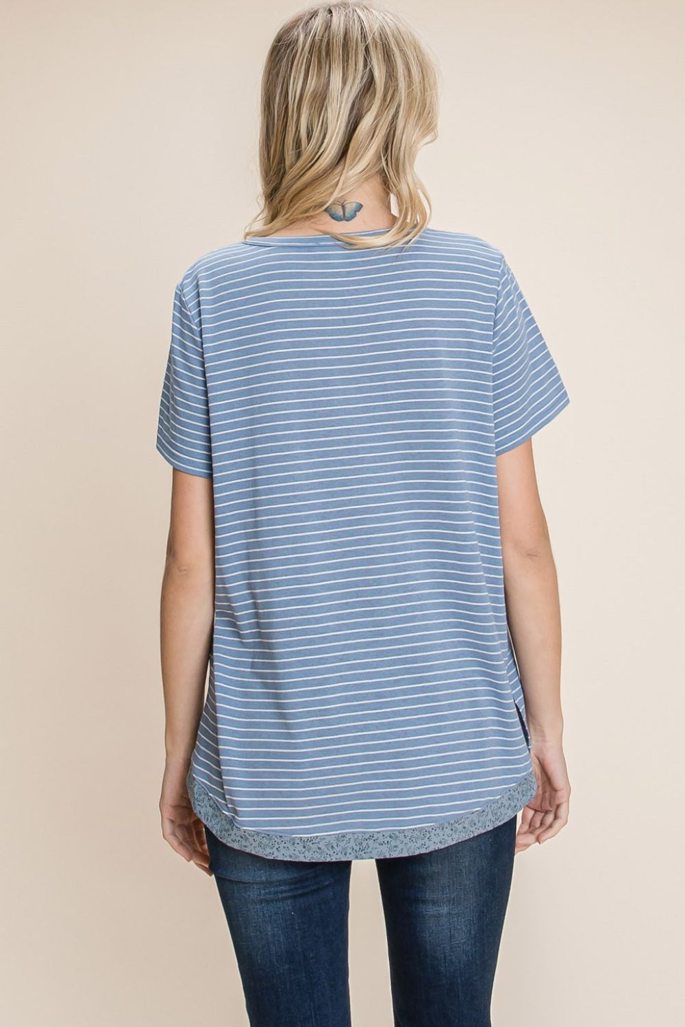 Striped Short Sleeve Tunic T-Shirt in Denim BlueT-ShirtCotton Bleu