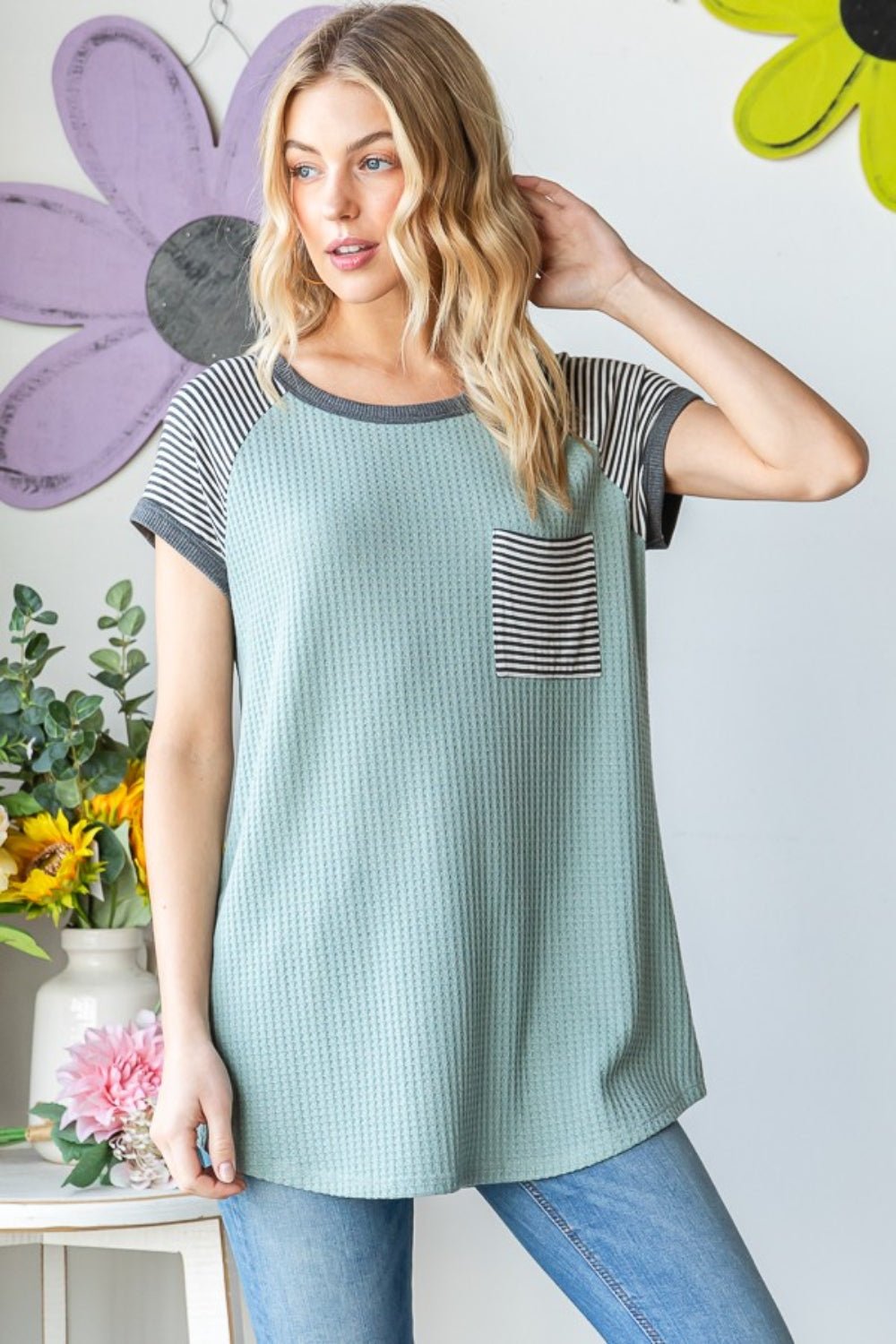 Striped Short Sleeve Waffle Knit T-Shirt in SageT-ShirtHeimish