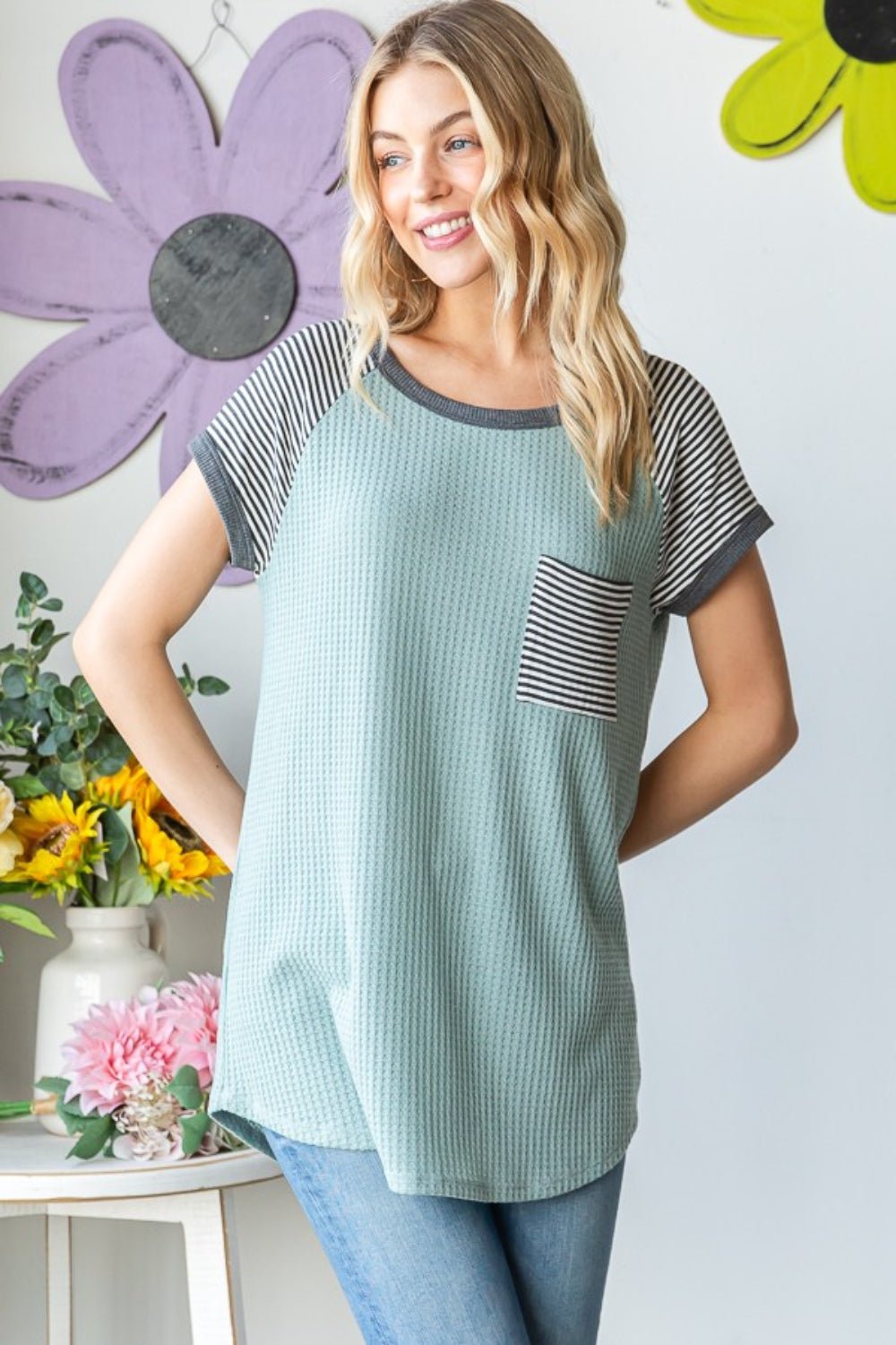 Striped Short Sleeve Waffle Knit T-Shirt in SageT-ShirtHeimish