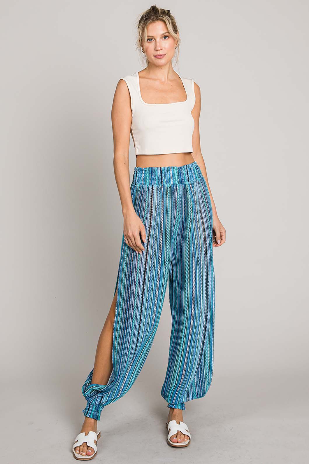 Striped Smocked Cover Up Pants in AquaCover-UpCotton Bleu