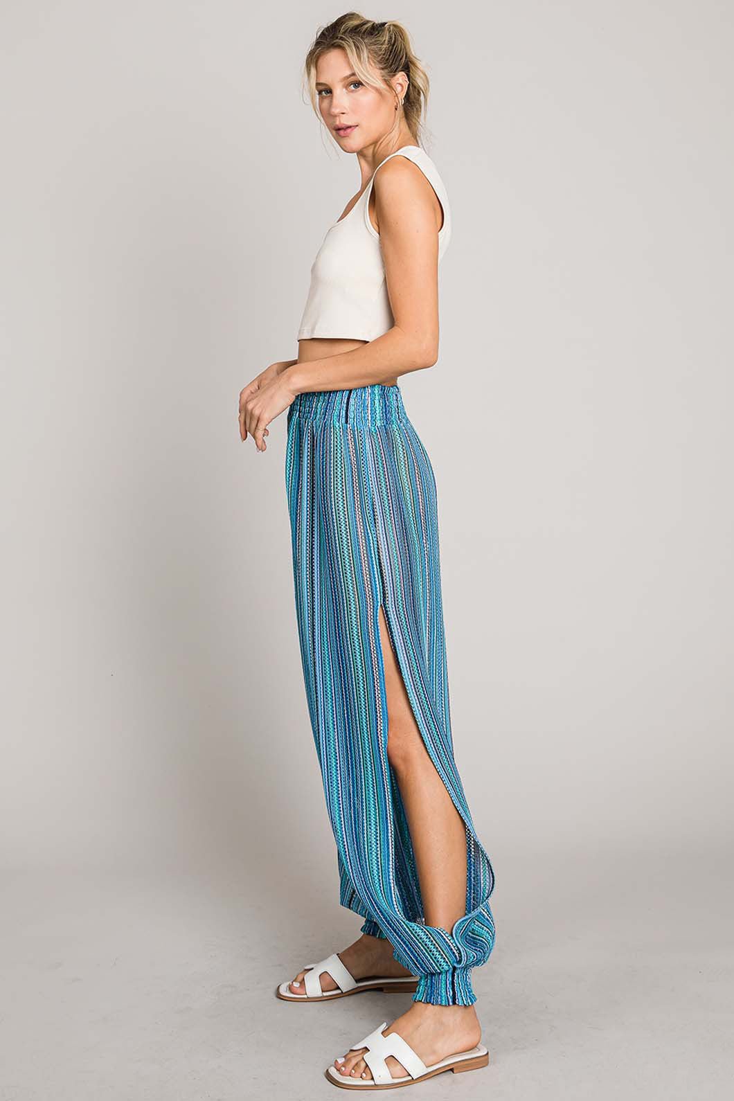 Striped Smocked Cover Up Pants in AquaCover-UpCotton Bleu