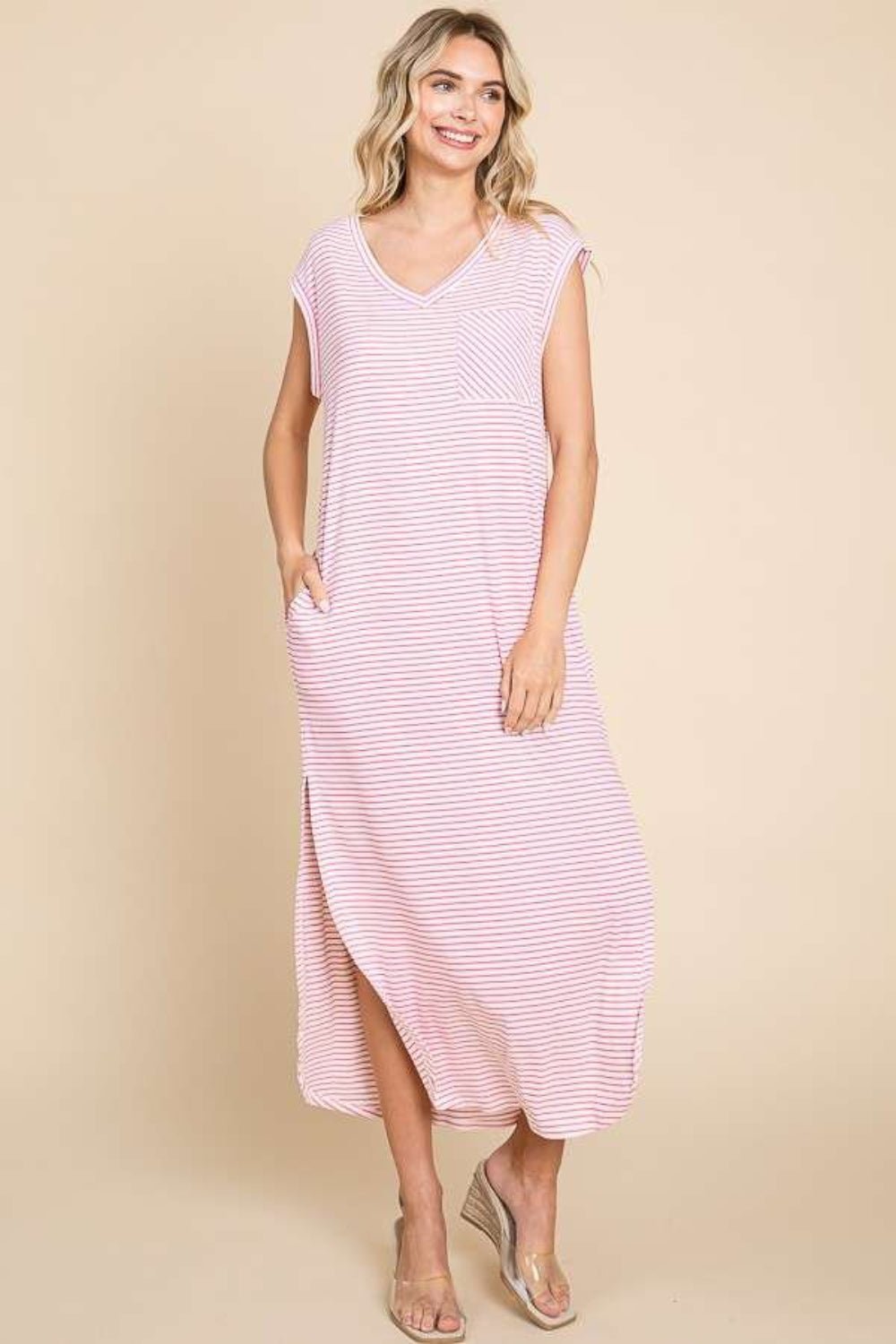 Striped V-Neck Maxi Dress with PocketsMaxi DressCulture Code