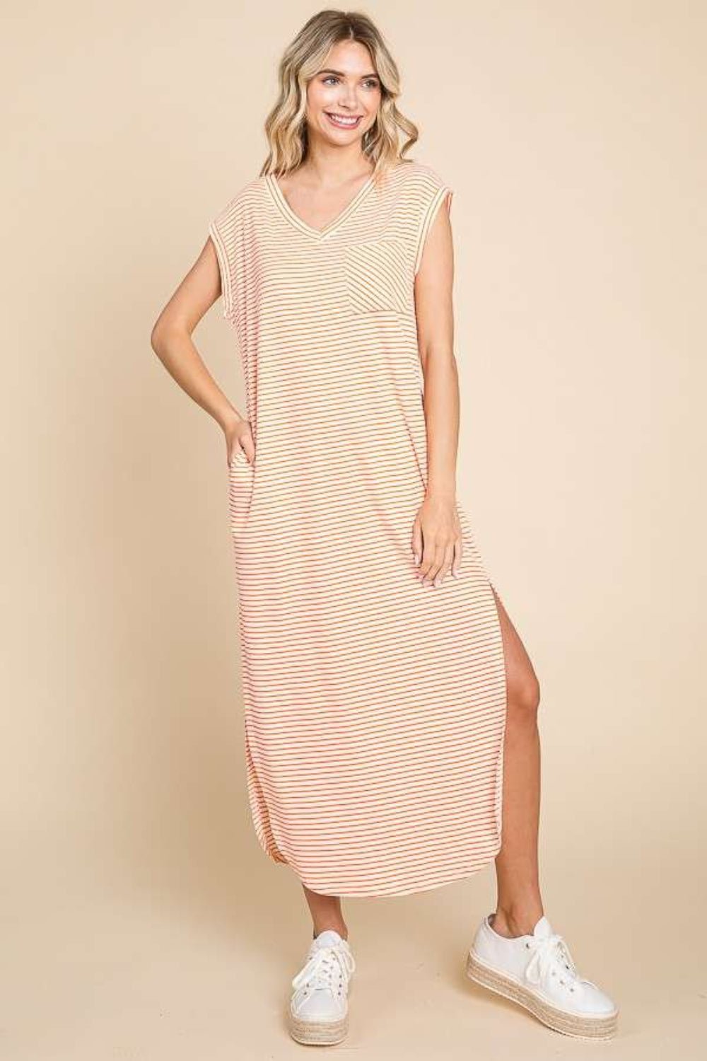 Striped V-Neck Maxi Dress with PocketsMaxi DressCulture Code