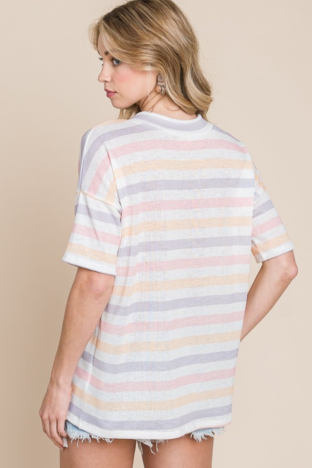 Striped V-Neck Short Sleeve T-ShirtT-ShirtBOMBOM