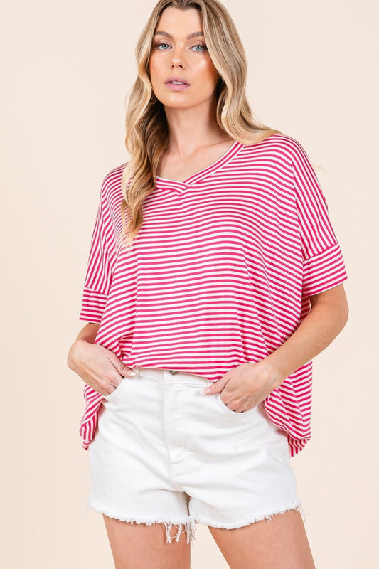 Striped V-Neck T-Shirt in FuchsiaT-ShirtBOMBOM