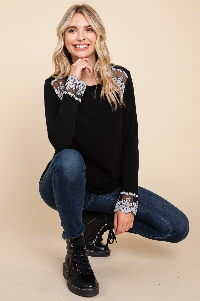 SUPER LADY - Black Lace Detail Long Sleeve T-Shirt