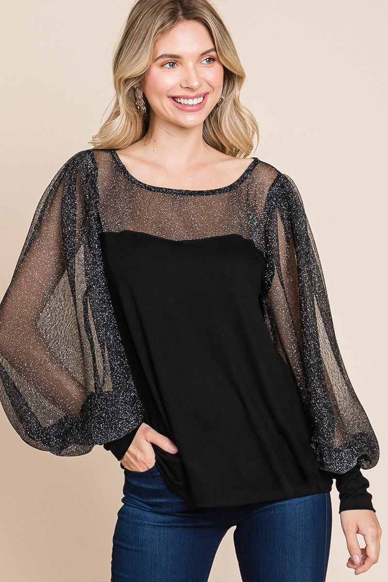 SUPER LADY - Black Metallic Sheer Lantern Sleeve Blouse