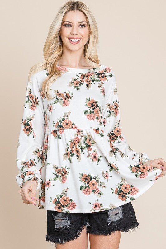 SUPER LADY - Floral Boat Neck Long Sleeve Babydoll Blouse