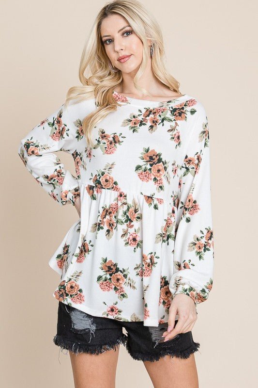 SUPER LADY - Floral Boat Neck Long Sleeve Babydoll Blouse