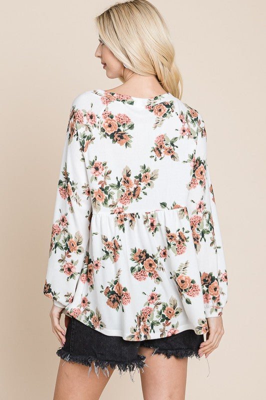 SUPER LADY - Floral Boat Neck Long Sleeve Babydoll Blouse