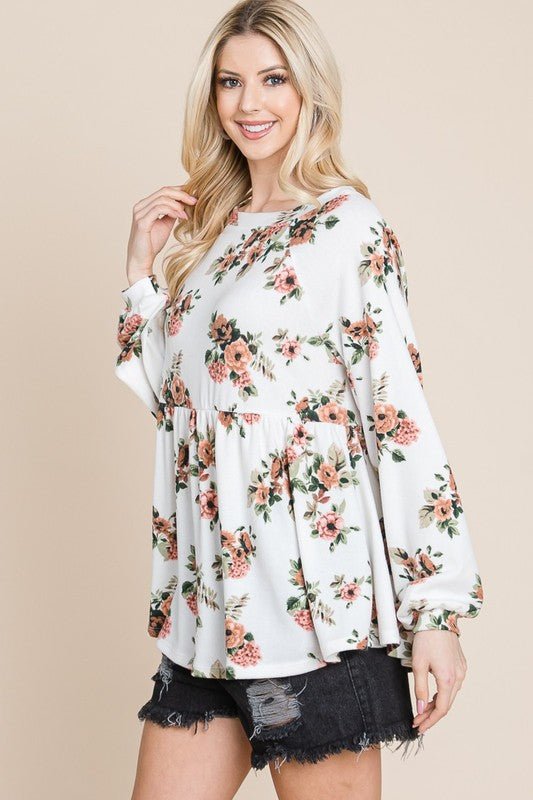 SUPER LADY - Floral Boat Neck Long Sleeve Babydoll Blouse