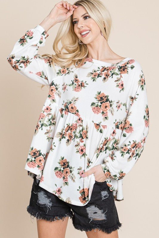 SUPER LADY - Floral Boat Neck Long Sleeve Babydoll Blouse