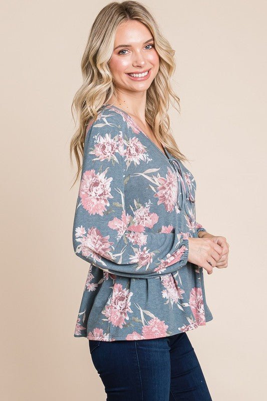 SUPER LADY - Floral Long Sleeve Peplum Blouse