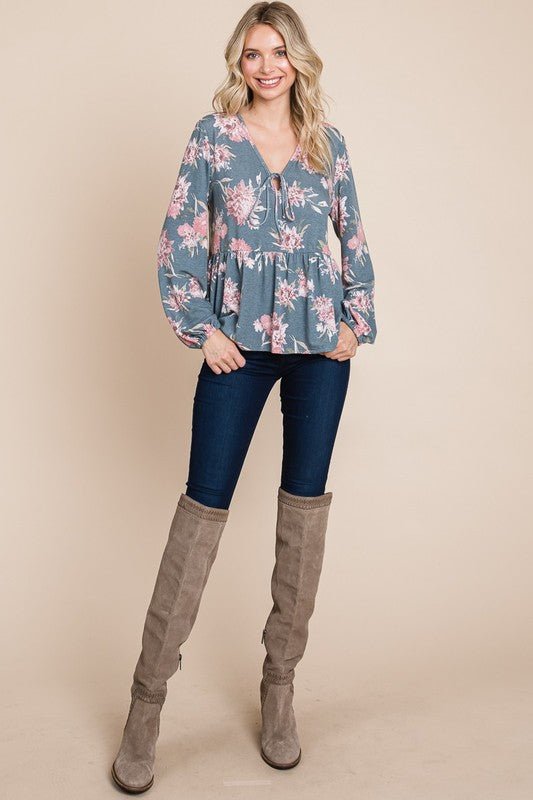 SUPER LADY - Floral Long Sleeve Peplum Blouse