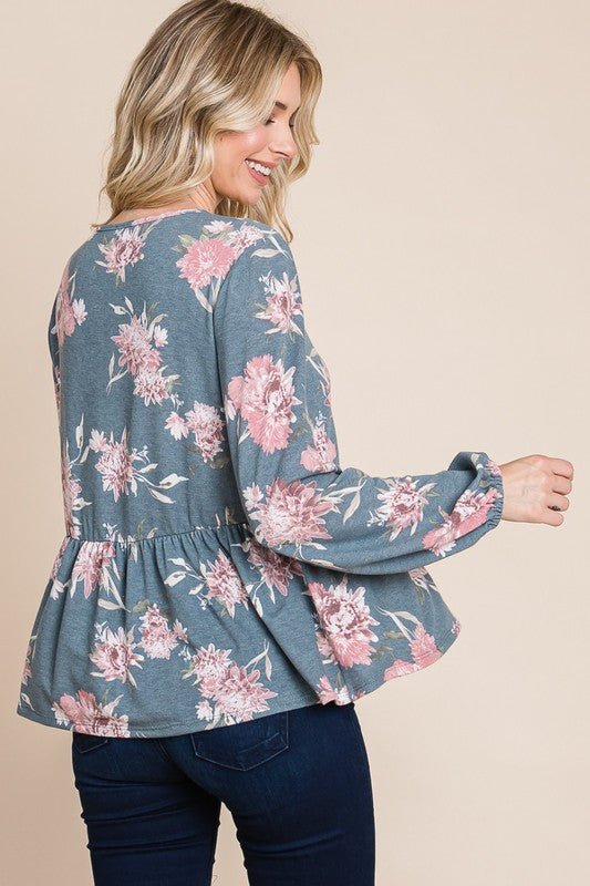 SUPER LADY - Floral Long Sleeve Peplum Blouse