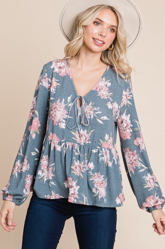 SUPER LADY - Floral Long Sleeve Peplum Blouse