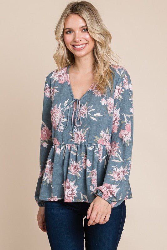 SUPER LADY - Floral Long Sleeve Peplum Blouse