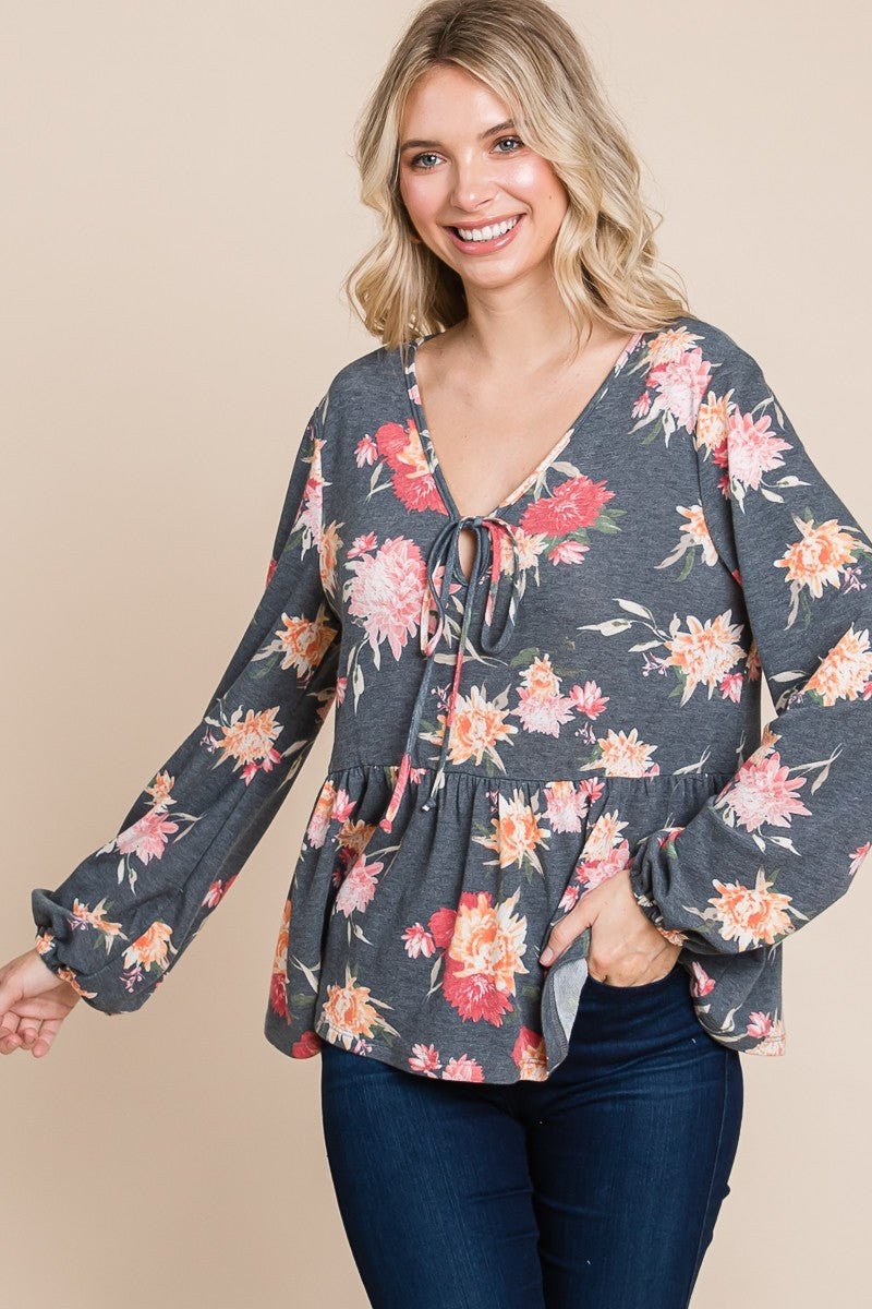 SUPER LADY - Floral Long Sleeve Peplum Blouse in Charcoal