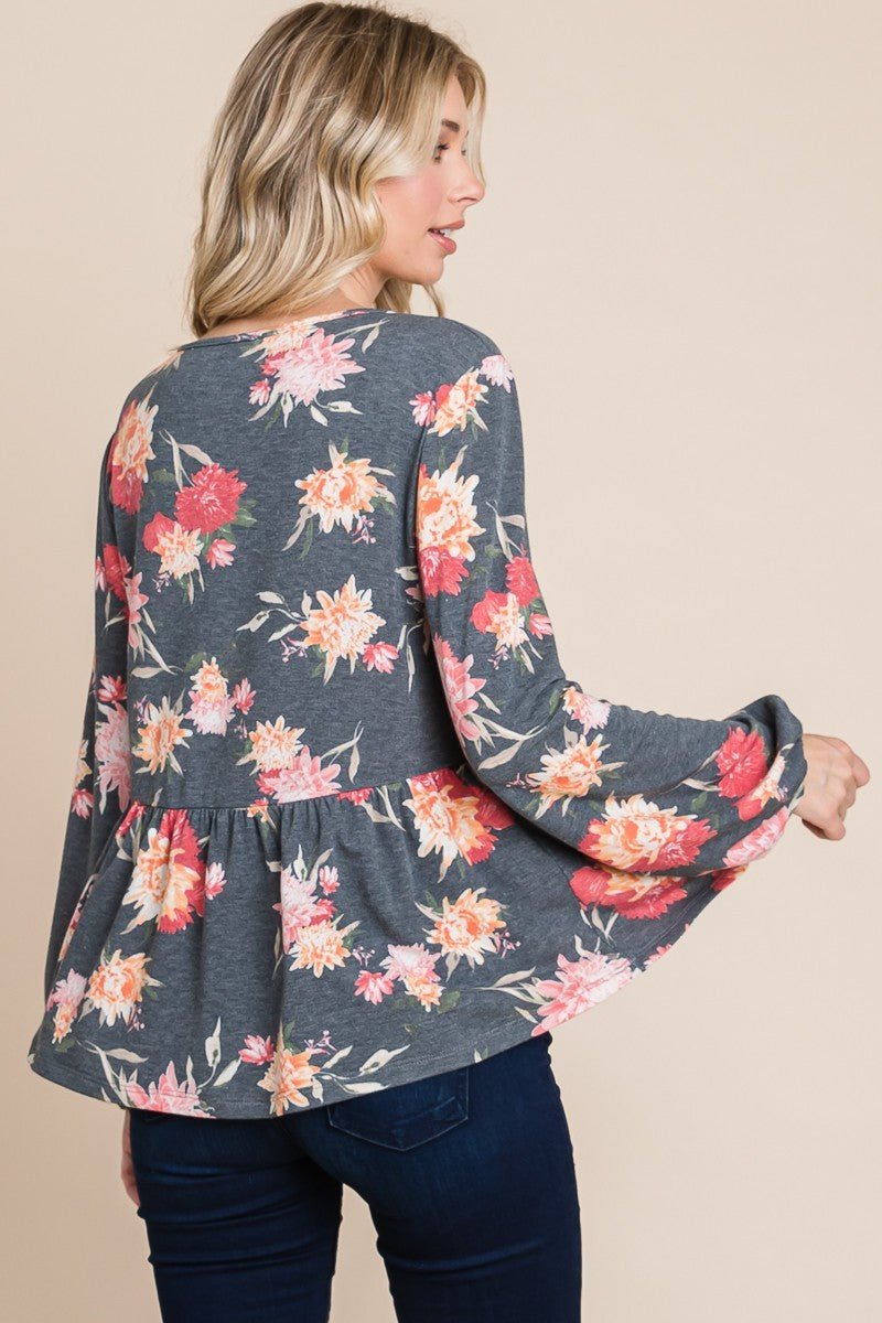 SUPER LADY - Floral Long Sleeve Peplum Blouse in Charcoal