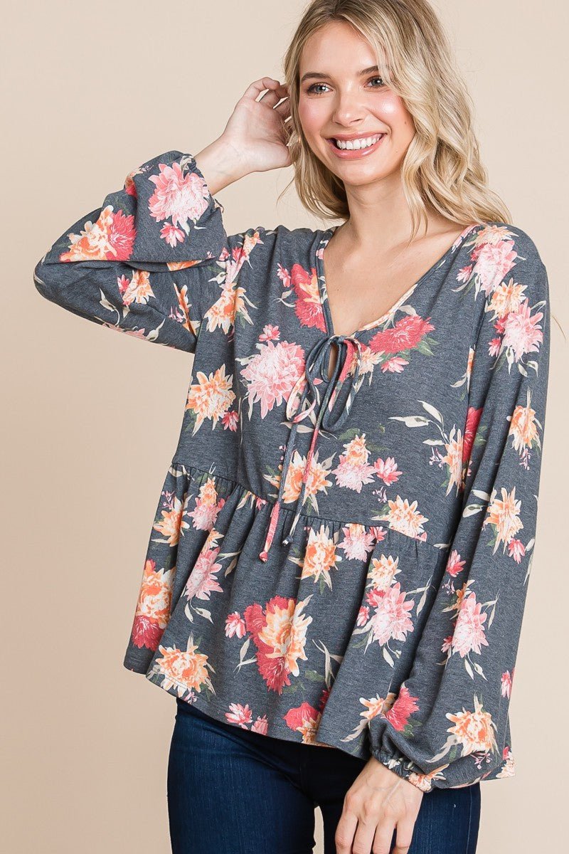 SUPER LADY - Floral Long Sleeve Peplum Blouse in Charcoal