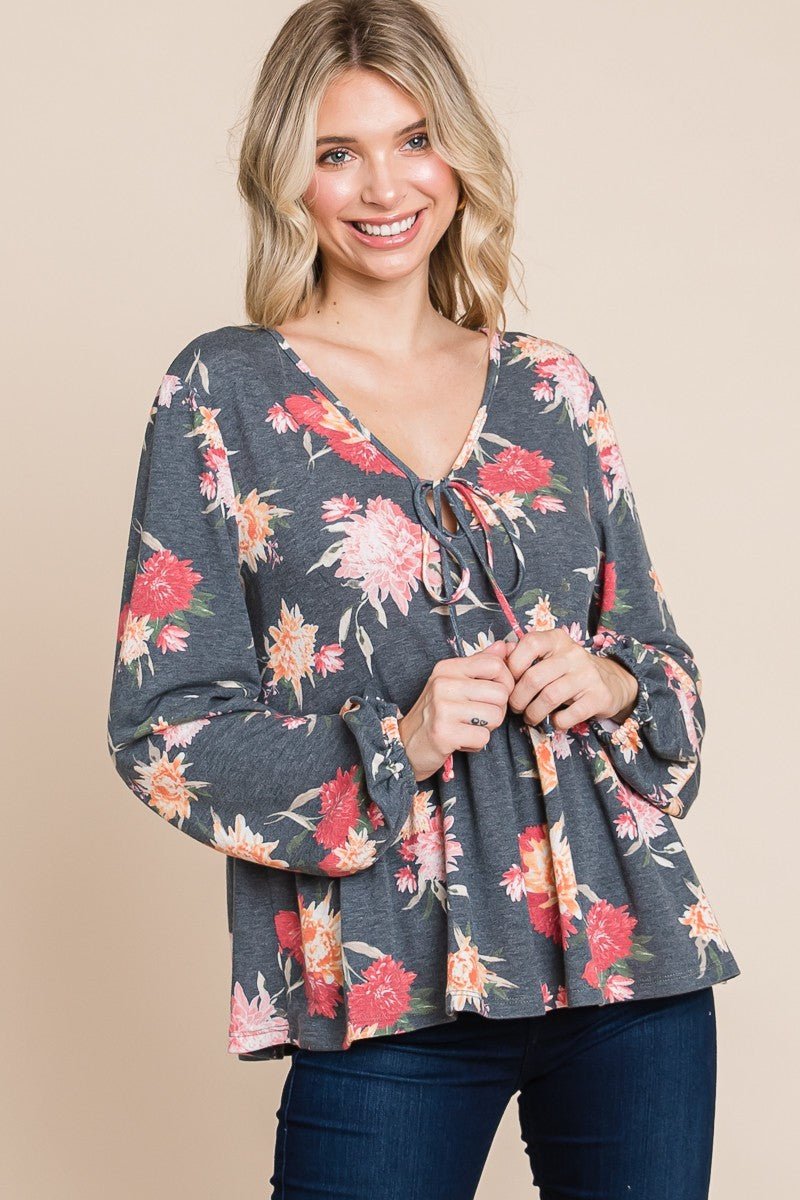 SUPER LADY - Floral Long Sleeve Peplum Blouse in Charcoal