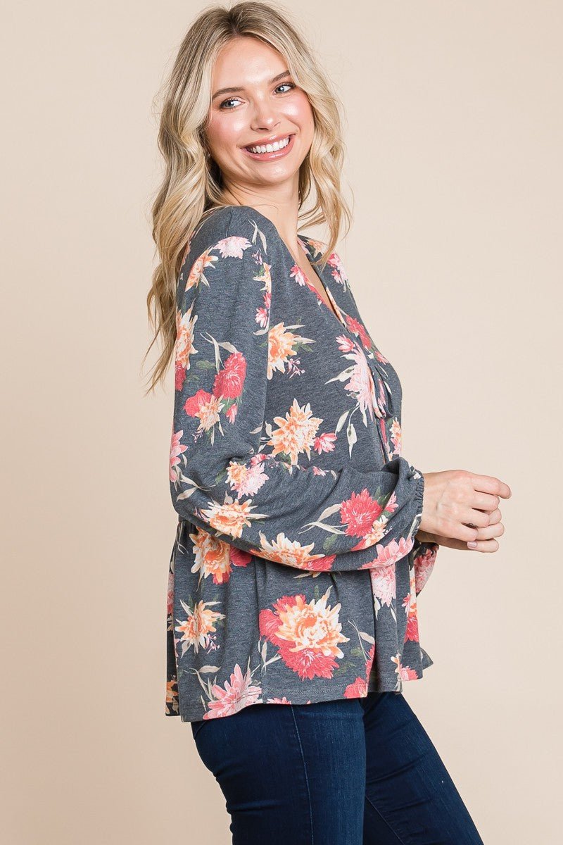 SUPER LADY - Floral Long Sleeve Peplum Blouse in Charcoal