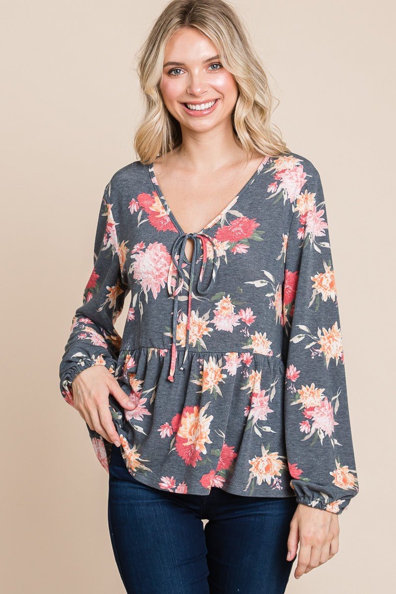 SUPER LADY - Floral Long Sleeve Peplum Blouse in Charcoal