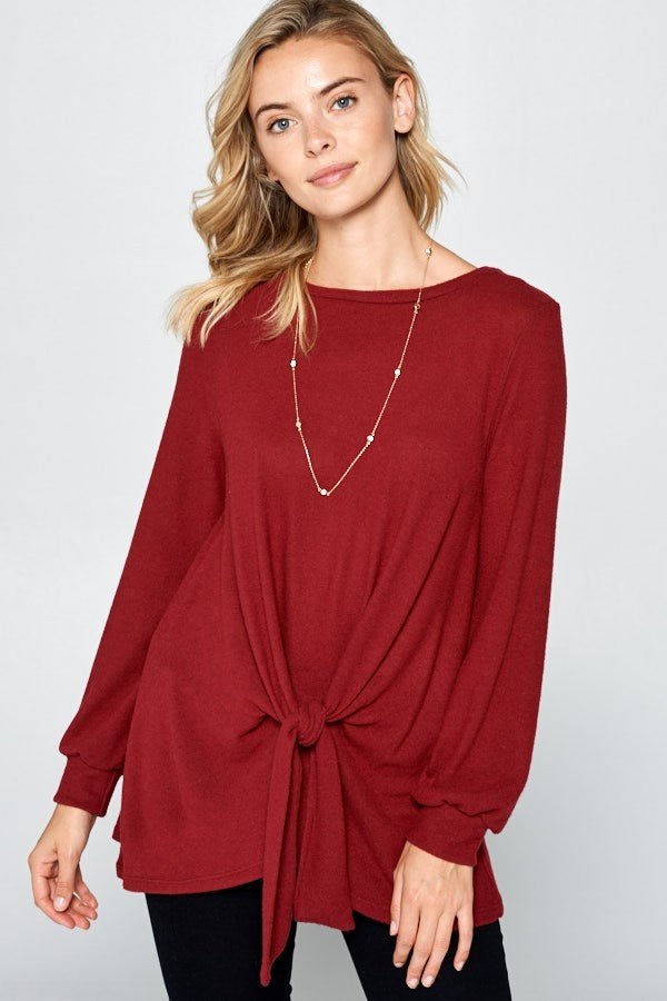 SUPER LADY - Knot Front Hacci Knit Blouse in Burgundy